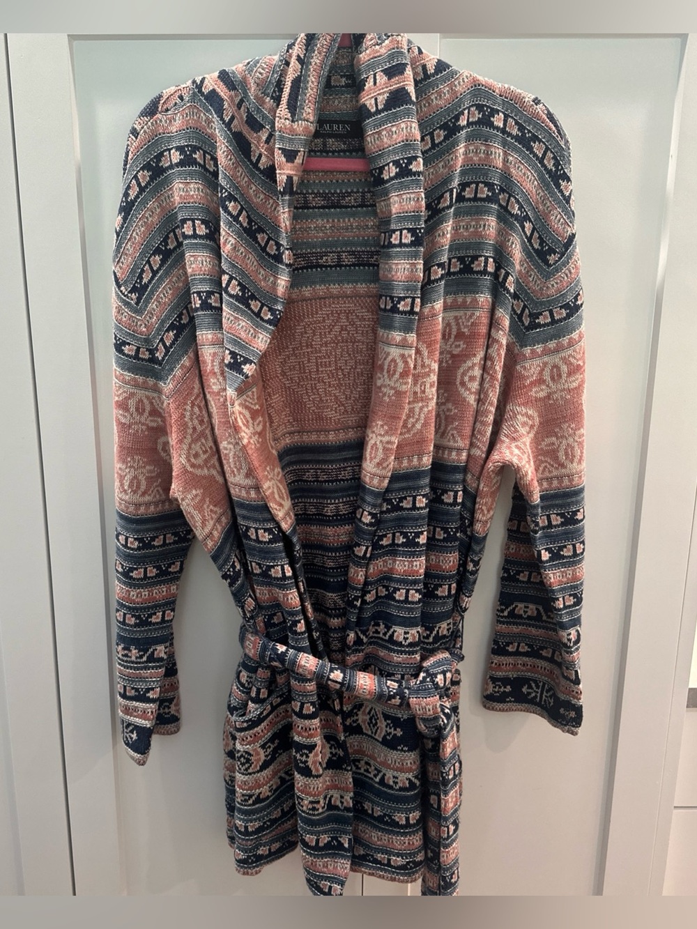 Lauren Ralph Lauren Pink & Navy Geometric Patterned Belted Cardigan